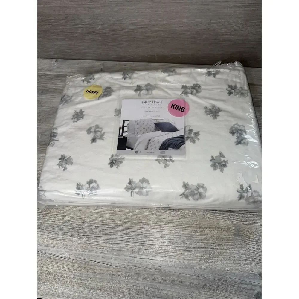 3-pc INUP HOME Floral Digital Printed KING 100% Washed Linen Duvet Cover Set NEW